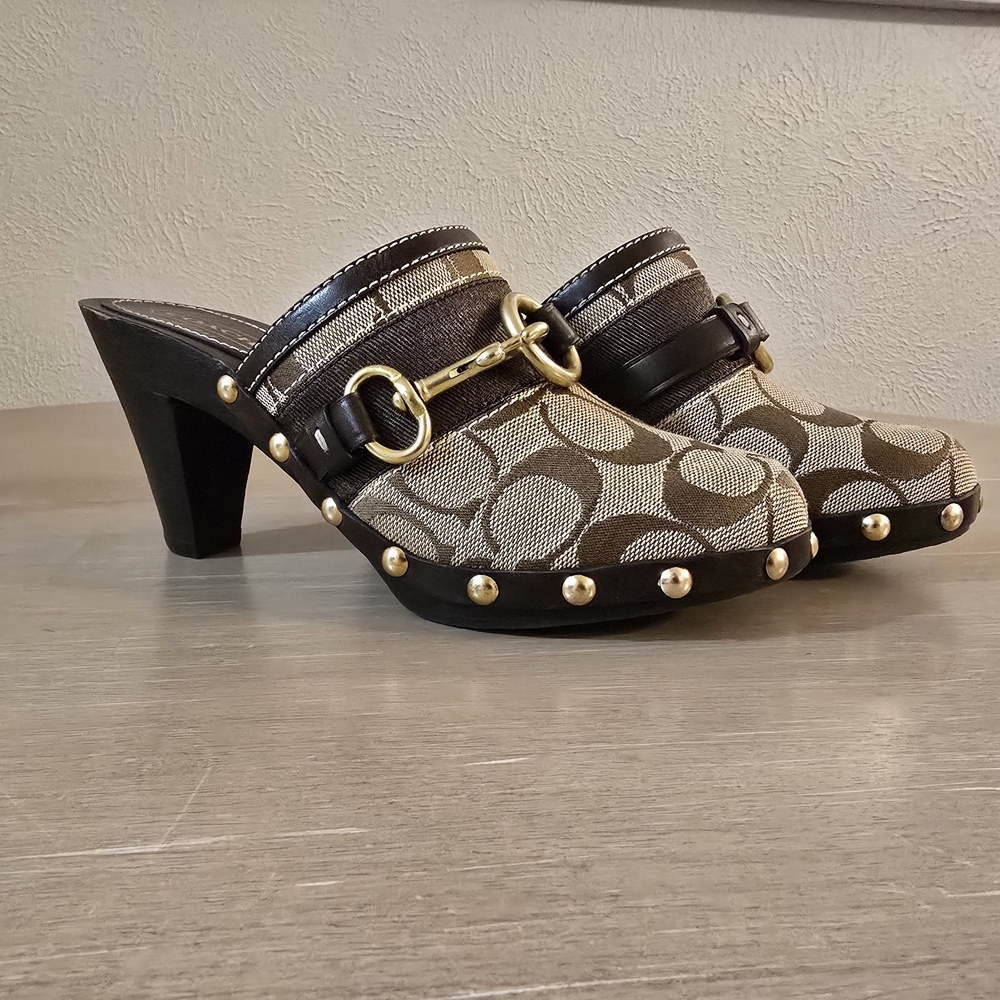 Coach Brown and Black Heeled Mules with Gold Details